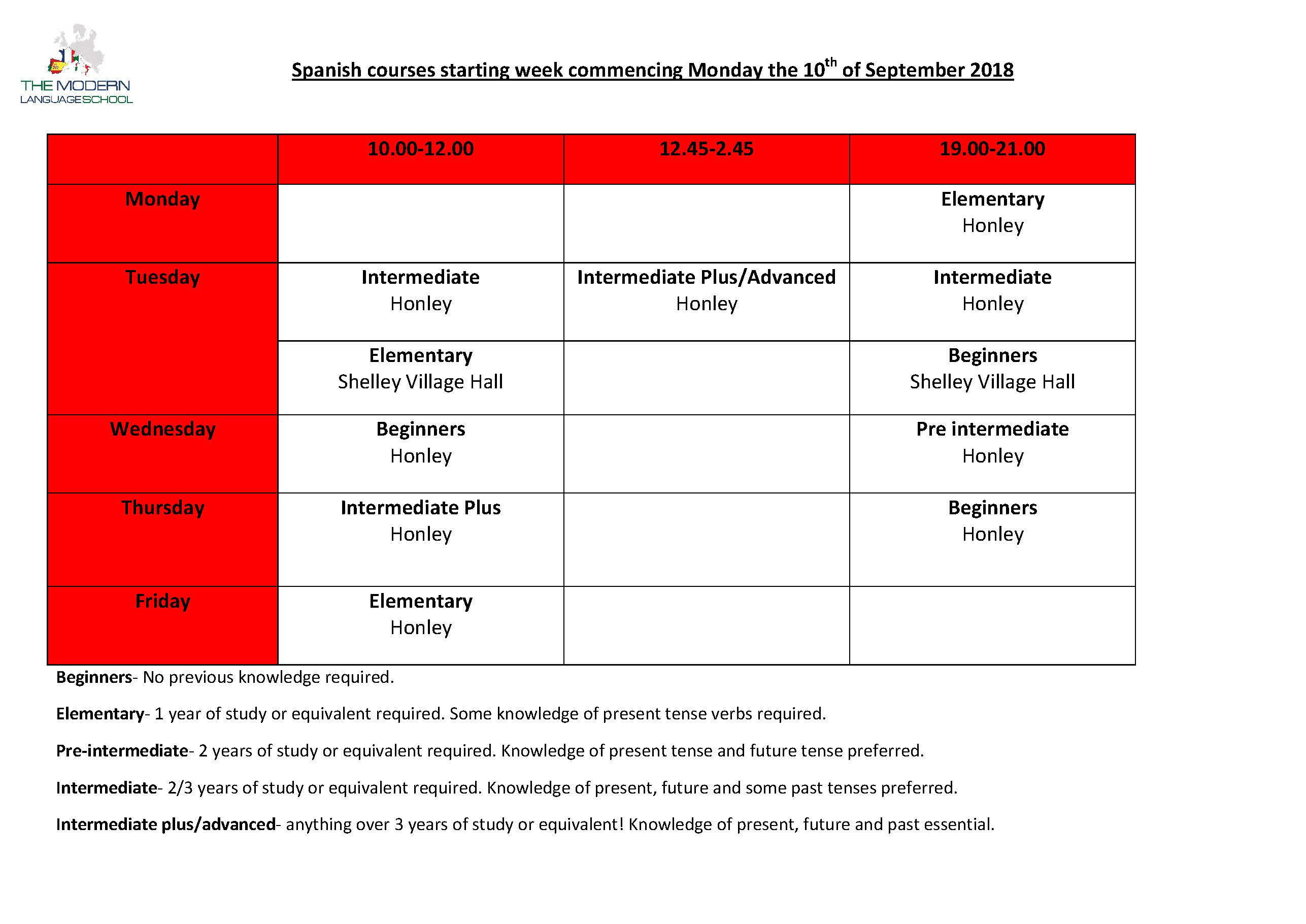 Spanish Timetable Prices Modern Language School